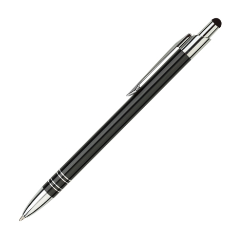 Personalised Bond Touch Black slim metal ballpoint pen with touchscreen stylus and custom white laser engraving