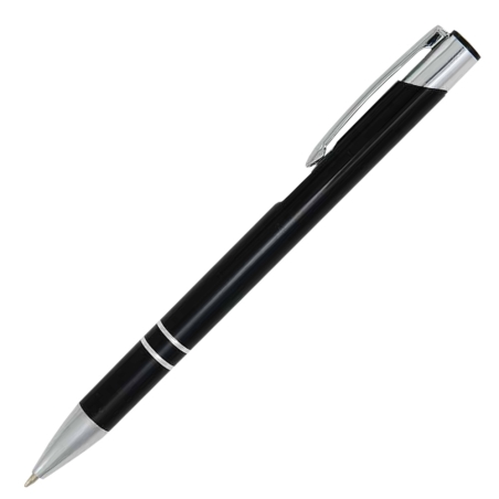 Personalised Cosmo Black aluminium pen with custom white laser engraving