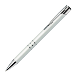 Custom engraved Calypso white lacquer pen with matte finish and dark grey text.