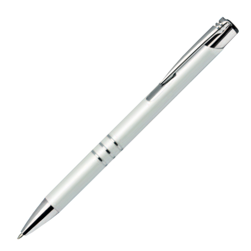 Custom engraved Calypso white lacquer pen with matte finish and dark grey text.