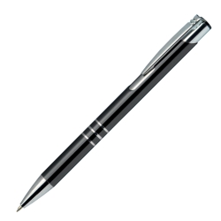 Personalised Calypso black shiny pen with silver rings and white laser engraving.