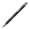 Personalised Calypso black shiny pen with silver rings and white laser engraving.