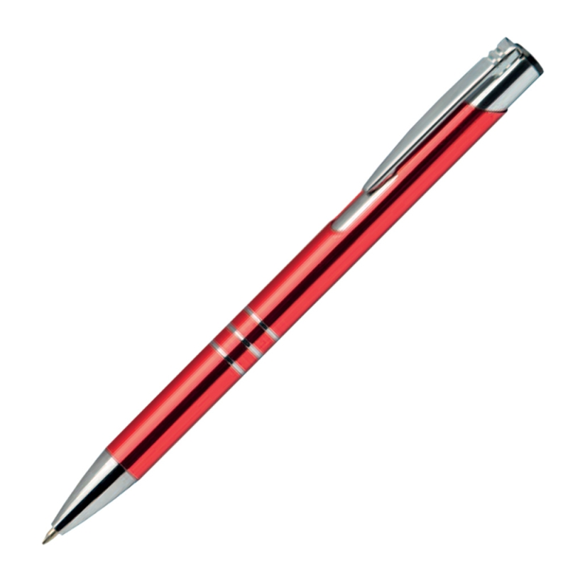 Engraved red shiny aluminium pen Calypso with silver accents and white name engraving.