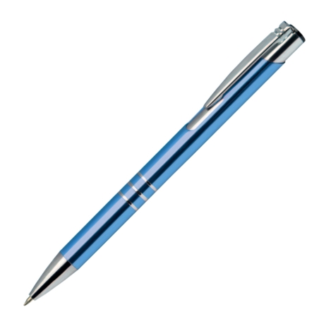 Sky blue metallic Calypso pen with custom white engraved message.