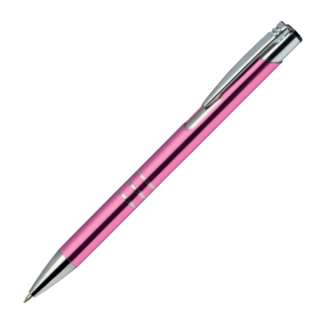 Pink shiny metallic pen Calypso with custom white laser engraved name.