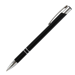 Personalised Cosmo Slim Black Lacquer pen with two silver rings and custom white engraving.
