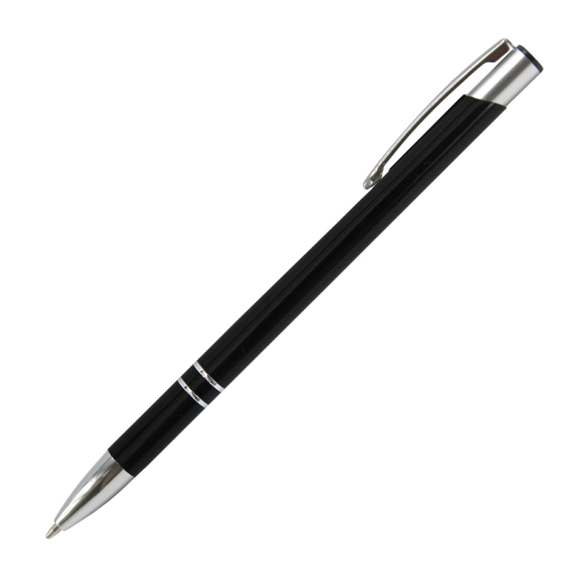 Personalised Cosmo Slim Black Lacquer pen with two silver rings and custom white engraving.