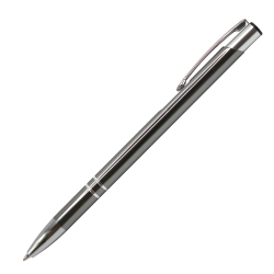 Custom engraved Cosmo Slim Graphite Shiny pen with metallic gunmetal finish and silver accents.