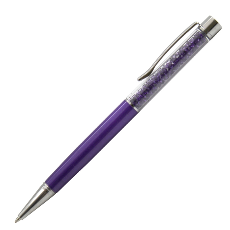 Royal dark purple crystal pen with shimmering crystals and white laser etching