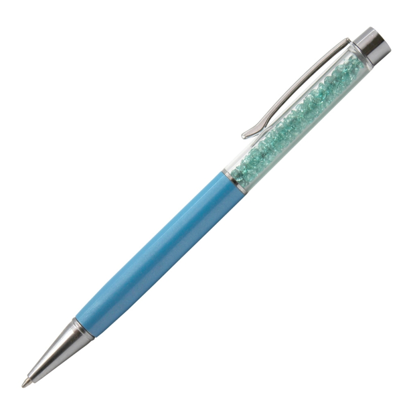 Turquoise crystal pen with shimmering blue crystals and white laser engraving