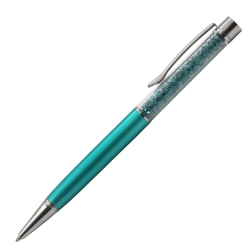 Aquamarine light blue crystal pen with shimmering crystals and white engraving