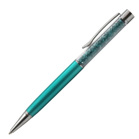 Aquamarine light blue crystal pen with shimmering crystals and white engraving