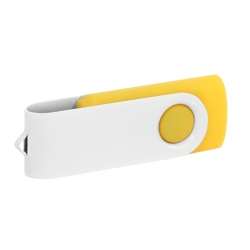 Personalised yellow USB flash drive with white swivel and custom laser engraving