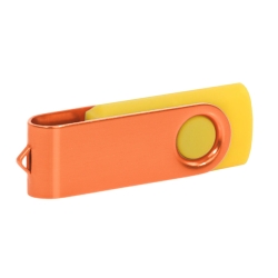 Yellow custom USB stick with orange metal swivel and white laser engraving