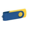Custom yellow USB drive with dark blue metal swivel and white engraving