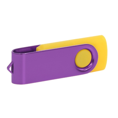 Yellow and violet personalised USB stick with artistic laser engraving