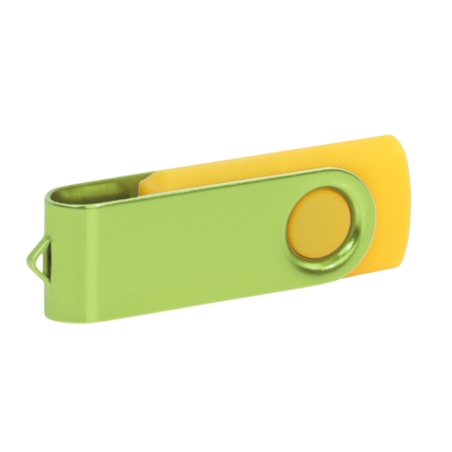 Yellow USB memory stick with light green swivel and custom white marking