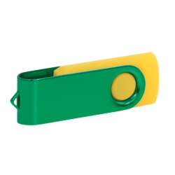 Yellow and dark green custom USB stick with professional laser engraving