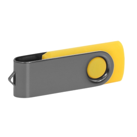 Yellow and graphite custom USB stick with matte metal swivel and engraving