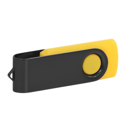 Yellow and black bee-style personalised USB flash drive with white engraving