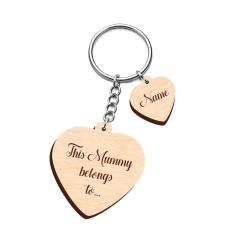 Personalised wooden heart keyring with "This Mummy belongs to" engraving and small name heart
