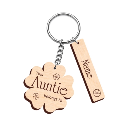 Personalised wooden flower keyring with engraved floral motif and rectangular name tags for long family names