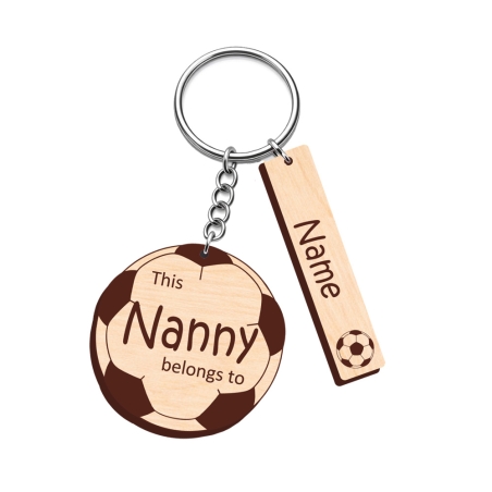 Personalised football keyring with long rectangular name tags and a small soccer ball motif.