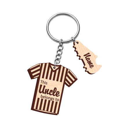 Personalised layered wooden referee shirt keyring engraved with "This Uncle belongs to" and a custom football shoe name charm.