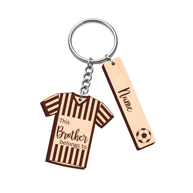 Personalised layered wooden referee shirt keyring with extended rectangular name tags for long names.