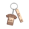 Personalised layered wooden referee shirt keyring with extended rectangular name tags for long names.