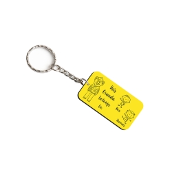 Custom laminate family portrait keyring for Mummy of two children in yellow black colour
