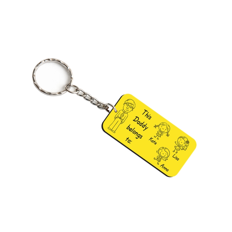 Custom laminate keyring with 1 adult and 3 children family illustration in silver black