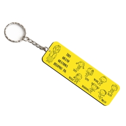 Custom laminate family portrait keyring with one adult and seven children icons in large 100x30mm size