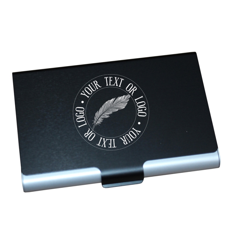 Personalised black aluminium business card holder with custom laser engraving.