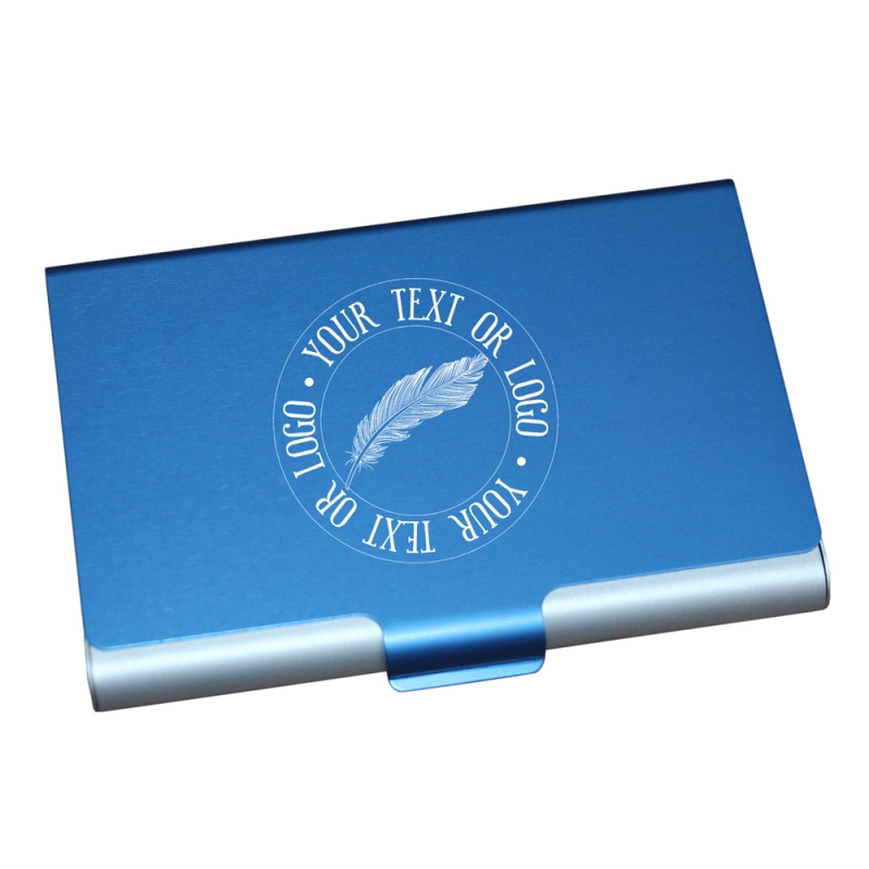 Personalised royal blue metal business card holder with silver laser engraving.
