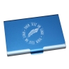 Personalised royal blue metal business card holder with silver laser engraving.