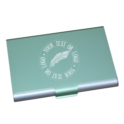 Personalised light green aluminium business card holder with bespoke engraving.