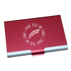 Personalised ruby red metal business card holder featuring custom laser logo.