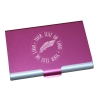 Personalised fuchsia pink aluminium business card holder with sharp silver engraving.