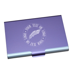 Personalised elegant violet metal business card holder with silver-white engraving.