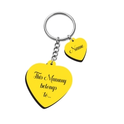 Personalised heart-shaped laminate keyring with small name hearts - Mummy belongs to design