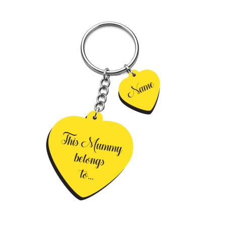 Personalised heart-shaped laminate keyring with small name hearts - Mummy belongs to design