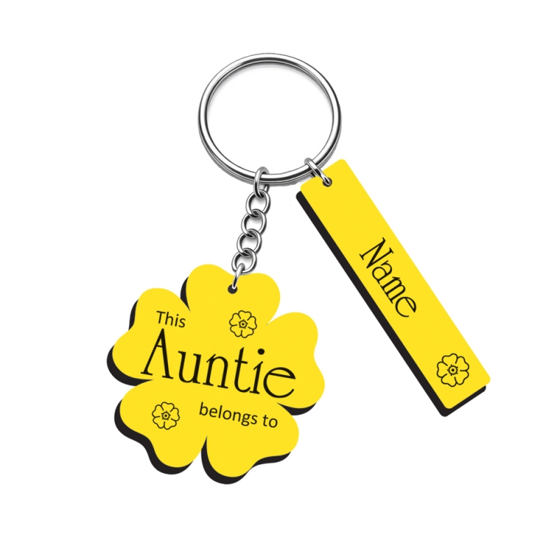 Personalised flower keyring with modern script font names in yellow and black laminate - Mummy belongs to design
