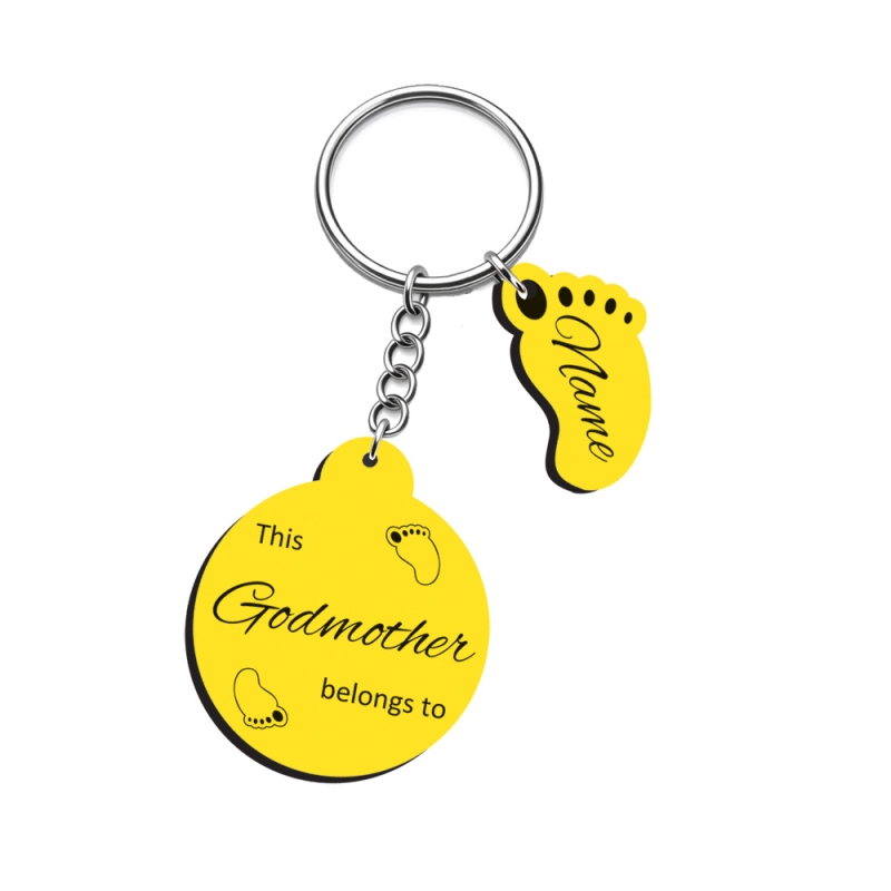 Personalised yellow round keyring with baby footprint charms for Godmother