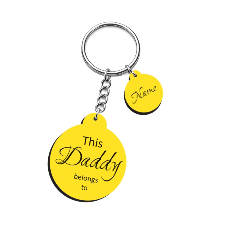 Personalised yellow round keyring with modern script and sans-serif fonts for Mummy