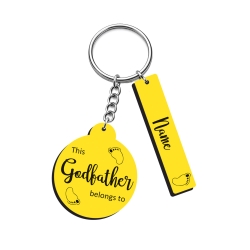 Personalised yellow round keyring with long name rectangle charm in yellow and black laminate