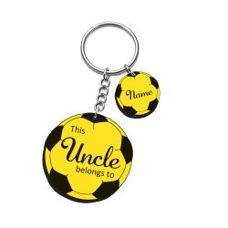 Personalised yellow football shaped keyring with mini football name charms for Uncle