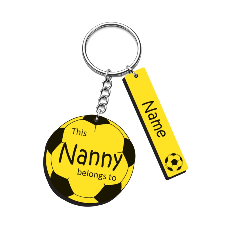 Personalised yellow football keyring with rectangular name tags for Nanny