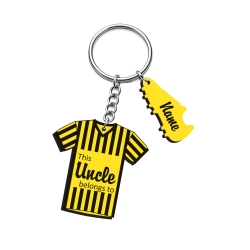 Personalised yellow referee jersey keyring with modern script and sans-serif fonts