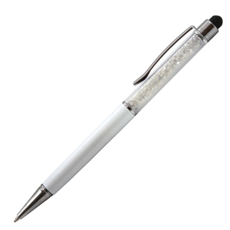 Personalised Crystal Touch White 2-in-1 stylus ballpoint pen with shimmering crystals and custom dark grey engraving